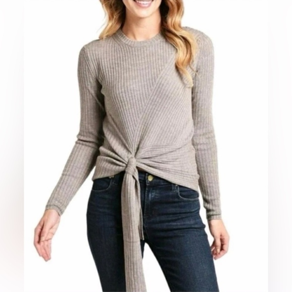 BROCHU WALKER Size XS • DEAN WRAP TIE WOOL RIBBED KNIT TAUPE PULLOVER SWEATER.